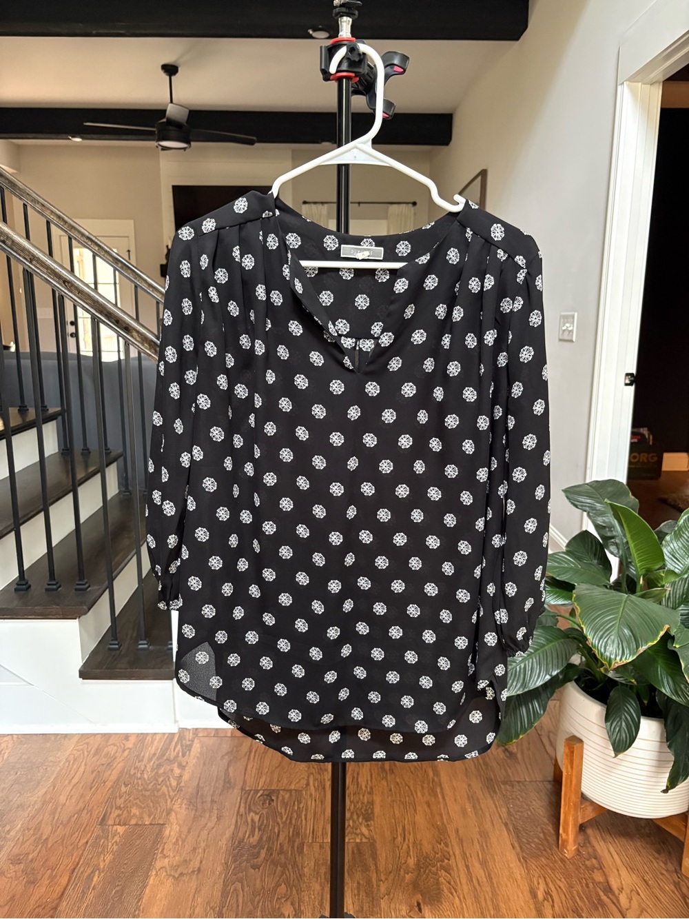 Pleione Black Blouse with White Daisy Print